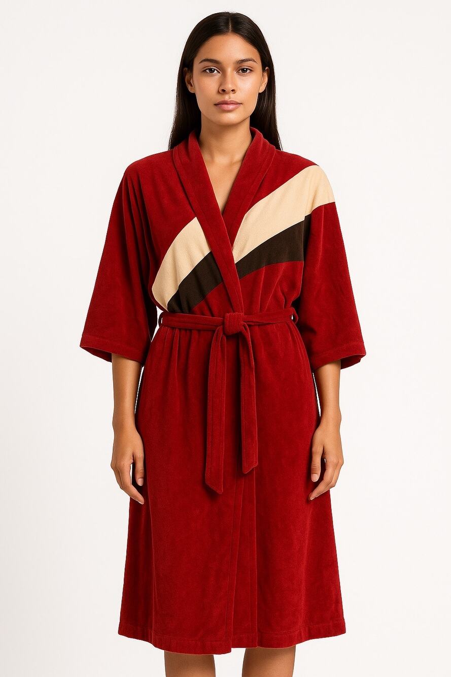 Vintage Red Colorblock Velour Kimono Robe Dress with Belt M -L
